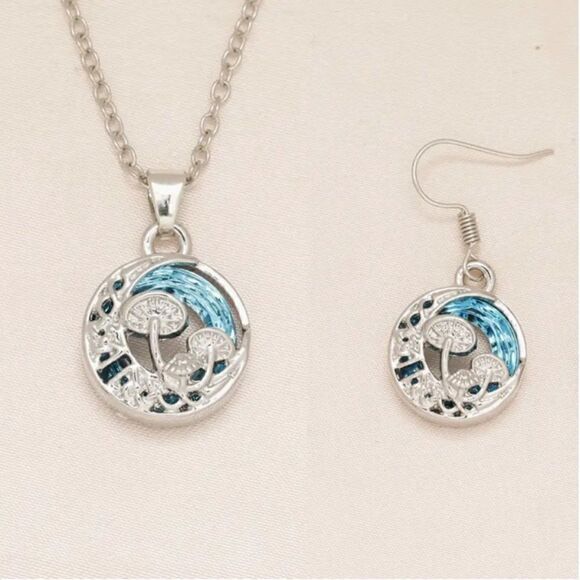 Cute Hollow Mushroom Moon Blue Round Necklace Earrings Set Silver tone Toadstool - Picture 5 of 5